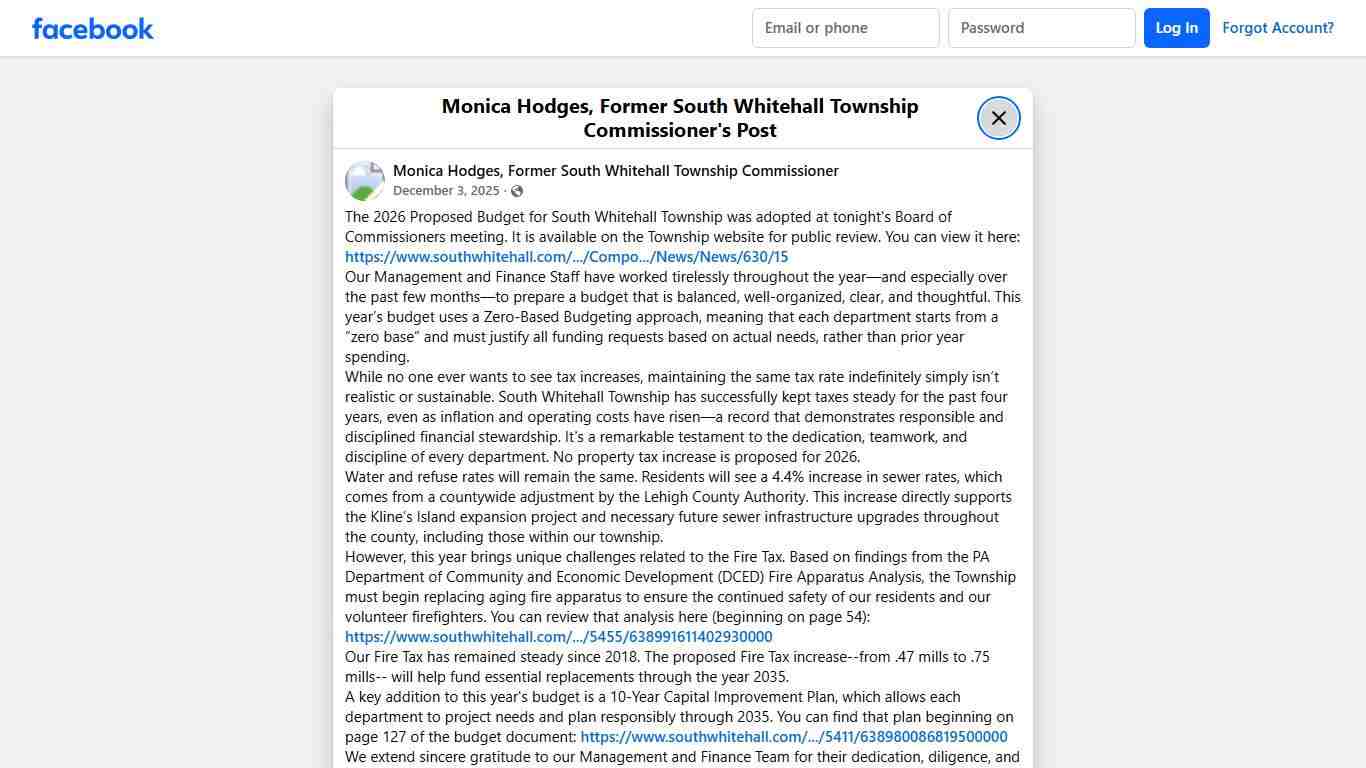 The 2026 Proposed Budget for South Whitehall Township was adopted at tonight's Board of Commissioners meeting. It is available on the Township website for public review. You can view it here: https://www.southwhitehall.com/Home/Components/News/News/630/15 Our Management and Finance Staff have worked tirelessly throughout the year—and especially over the past few months—to prepare a budget that is balanced, well-organized, clear, and thoughtful. This year’s budget uses a Zero-Based Budgeting appr