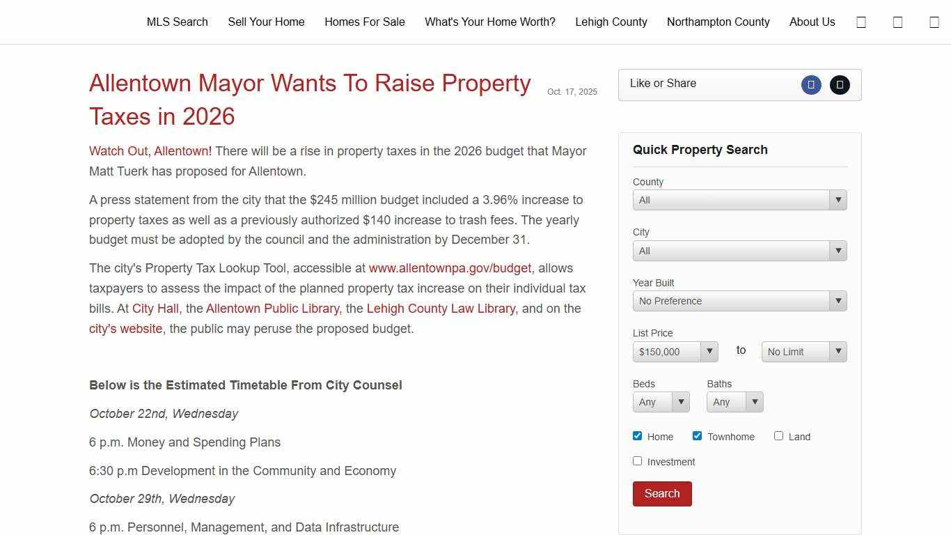 Allentown Mayor Wants To Raise Property Taxes in 2026